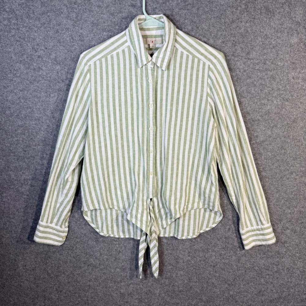 LOFT Green White Striped Linen‎ Blend Tie Front Button Down Shirt Women's XS